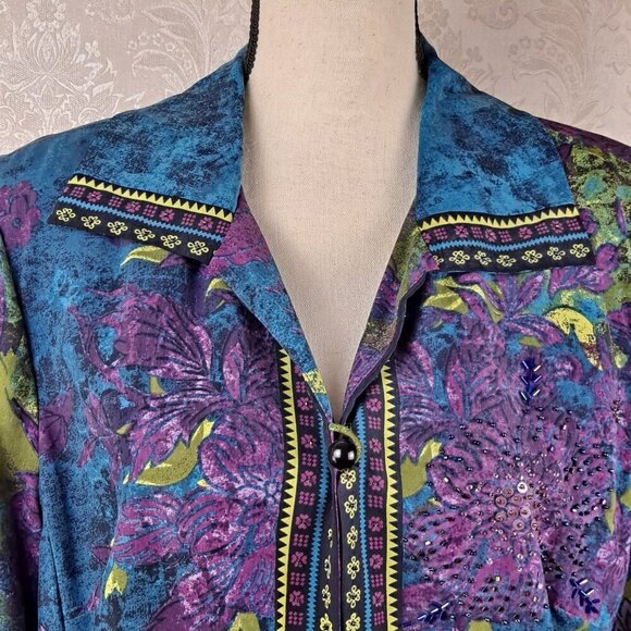 City Girl Nancy Bolen Sz Large Silk Jacket Beaded Sequins Turq Purple Green Vtg - Picture 2 of 16